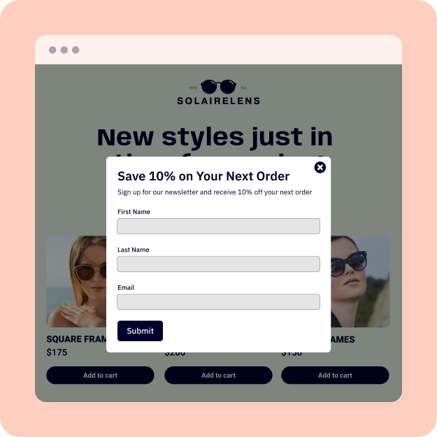A form embedded in a modal floating over a web page.