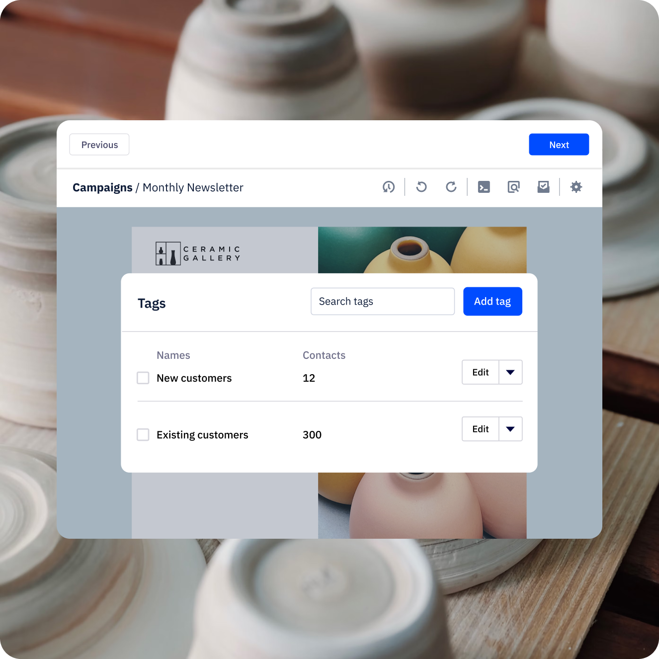 Email campaign configuration window where the user is setting up tags for categorization.