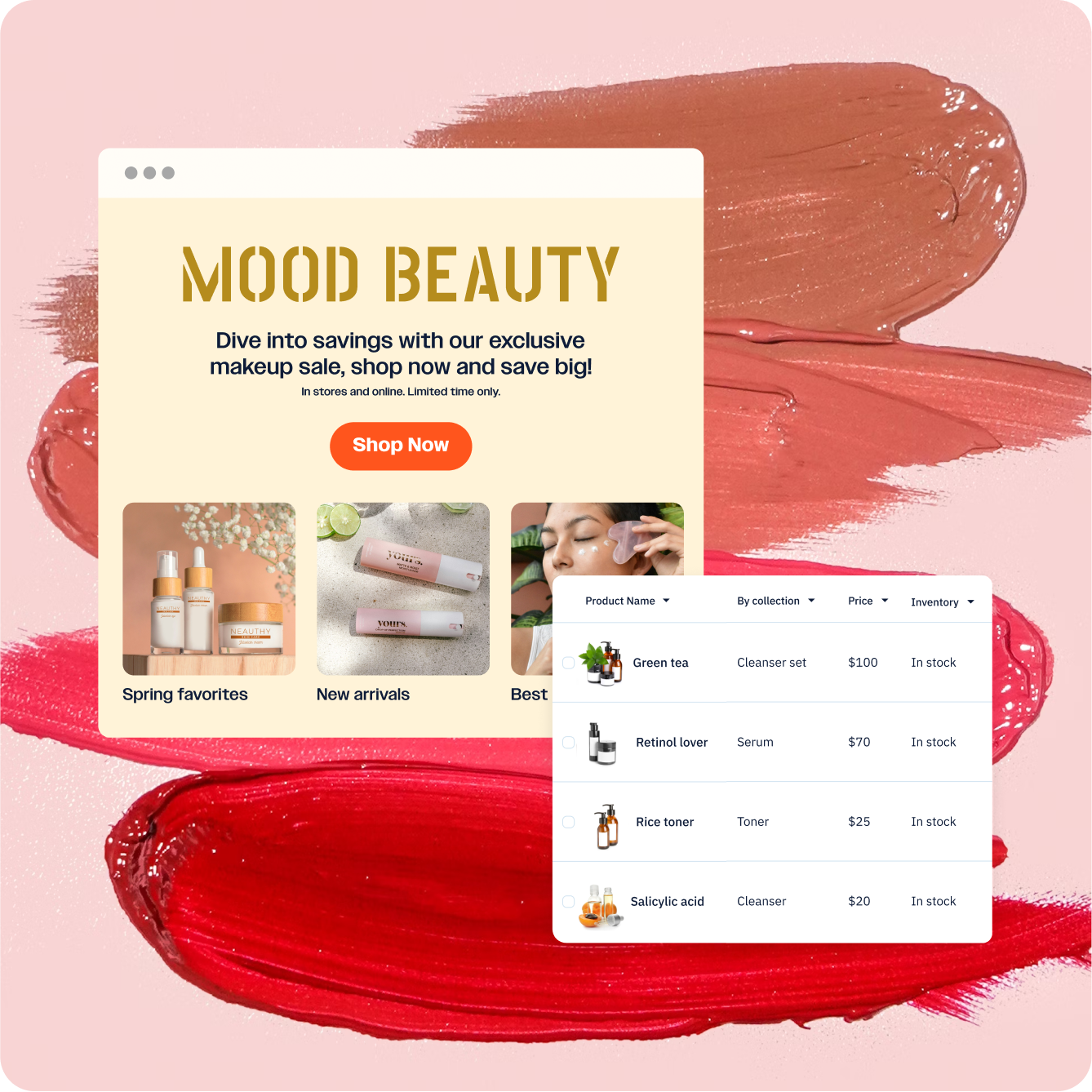 An email for a beauty company, alongside a list of relevant products.