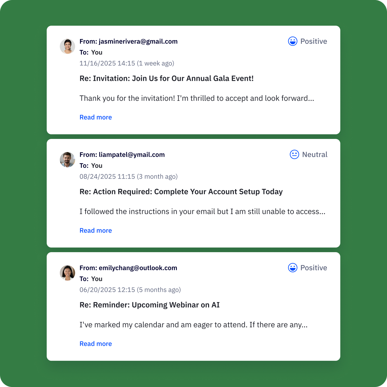 Three received customer emails, each with an icon showing either positive or neutral sentiment.