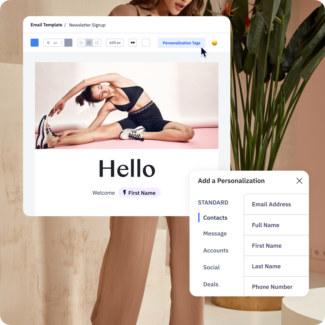 Demonstration of building an email and adding a variable to be populated with the contacts first name.