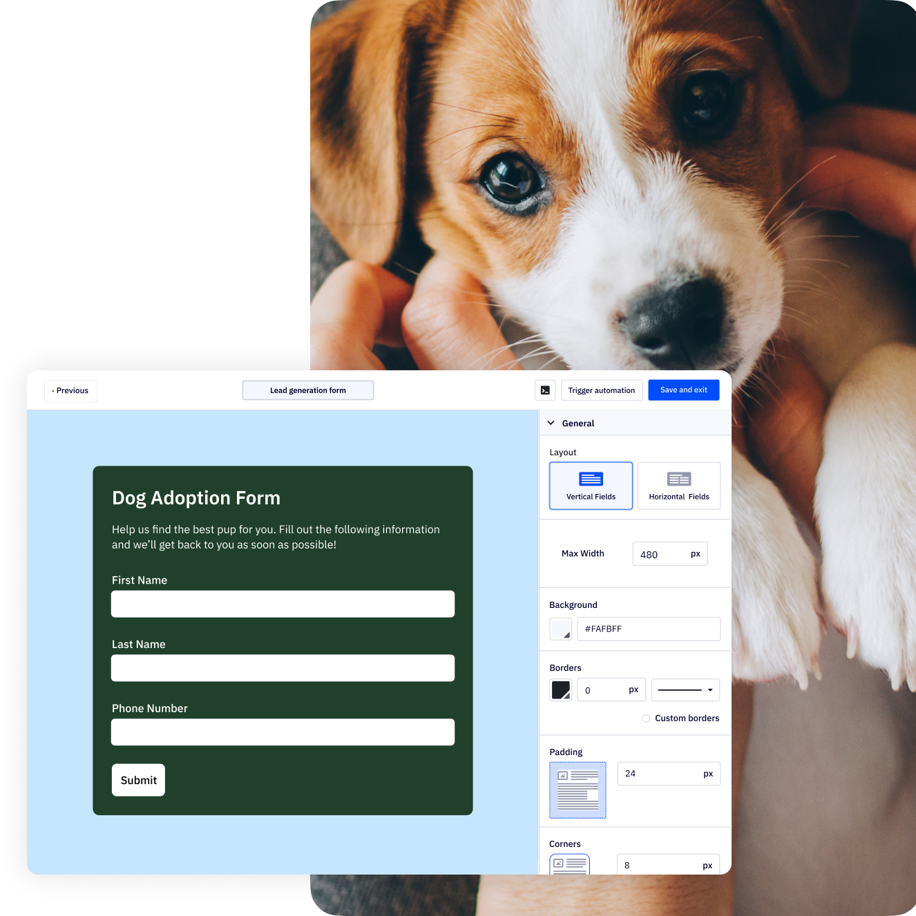 A representation of the ActiveCampaign form builder interface being used to create a sign-up form for dog adoption, superimposed over an adorable puppy photograph.