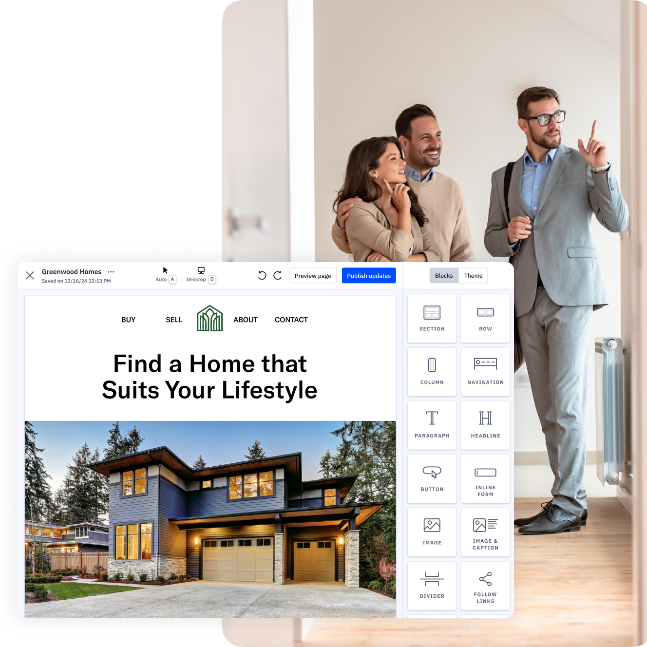 A realtor showing prospects around a home, overlaid with a custom landing page to capture leads.