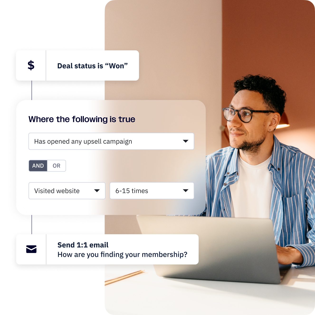 A male-presenting person using a laptop, overlaid with a marketing automation that sends an 1:1 email when a contact interacts with an upsell campaign.