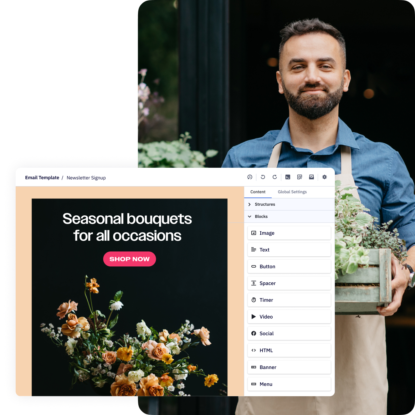 Screenshot of the ActiveCampaign Email Designer Interface. Behind it is a picture of a male-presenting florist holding a wooden crate of lush plants.