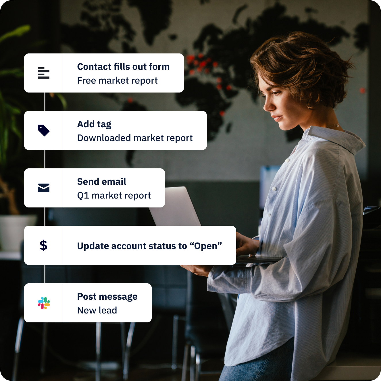 Example of automation steps over an image of a female-presenting professional looking at a laptop they are holding.