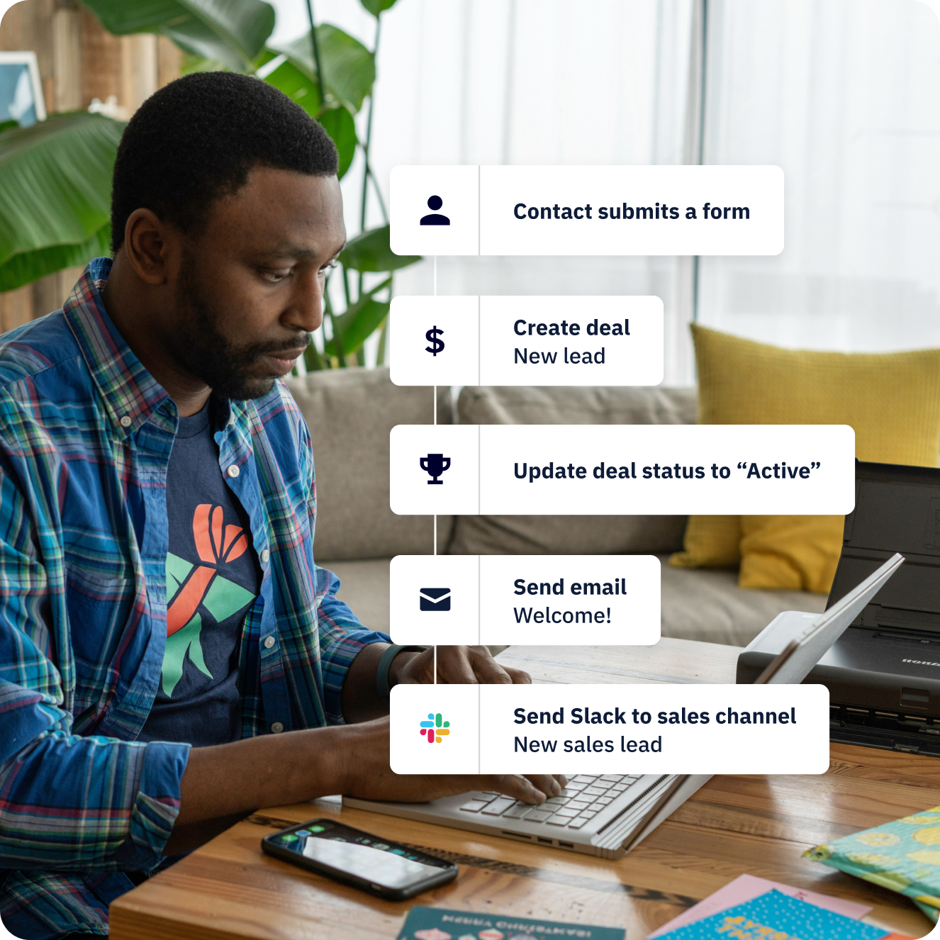 Man sitting at table, typing on laptop. An automation flow pipeline overlaps part of the image.