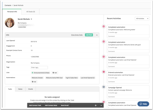 example of a contact in ActiveCampaign's CRM