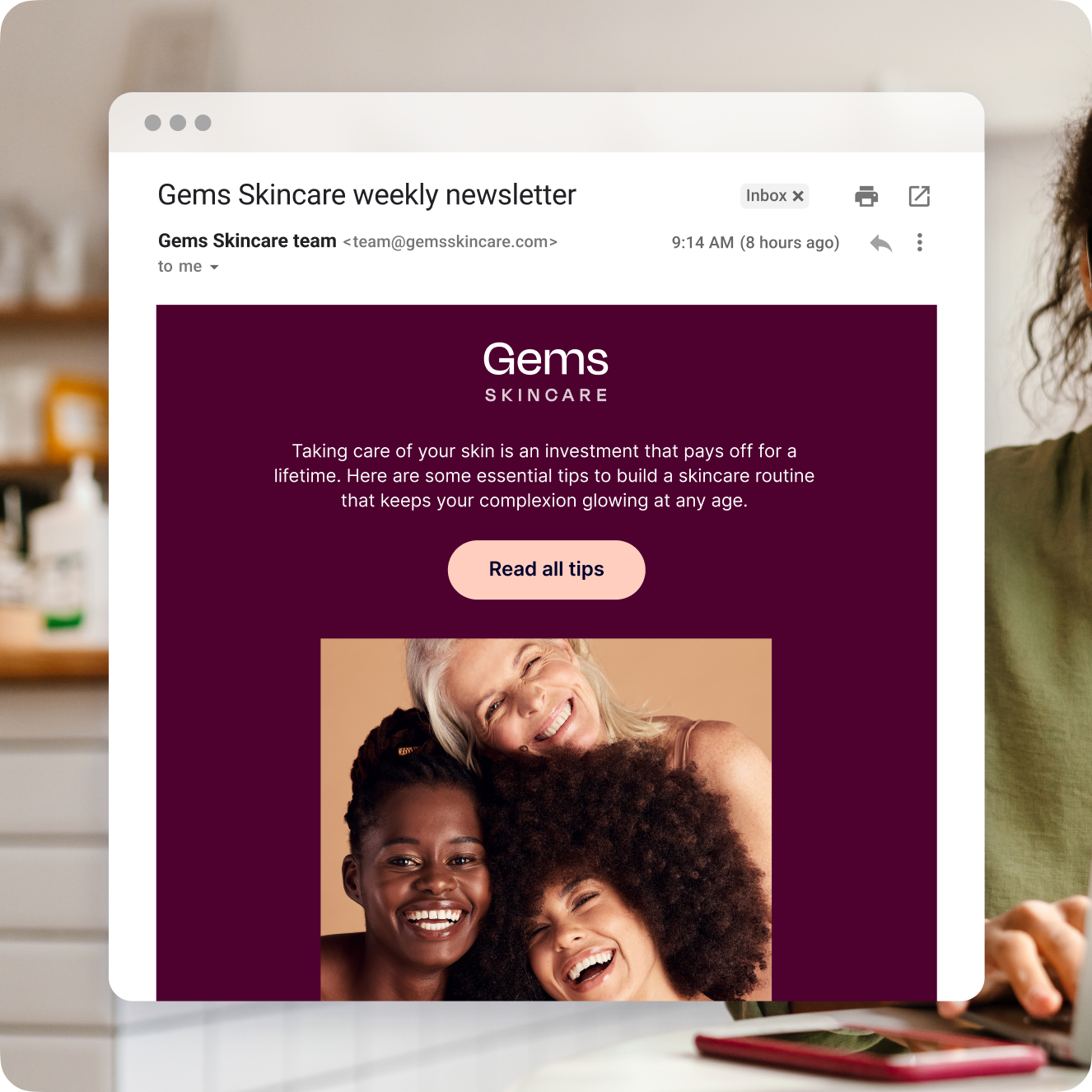 Mock-up of sample email displaying a CTA button with text that can be personalized to the recipient.