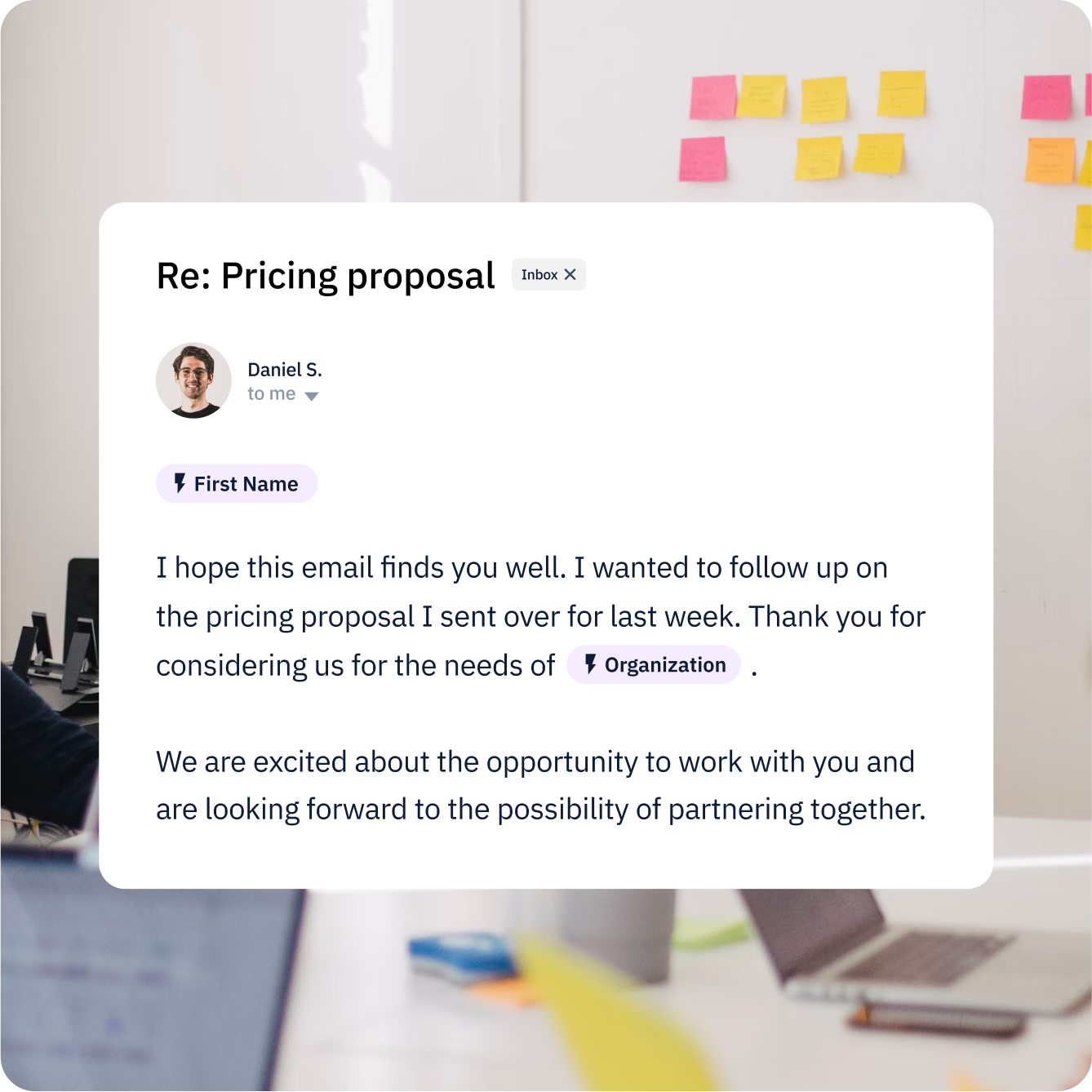 A pricing proposal email with personalization tags to add dynamic customization.