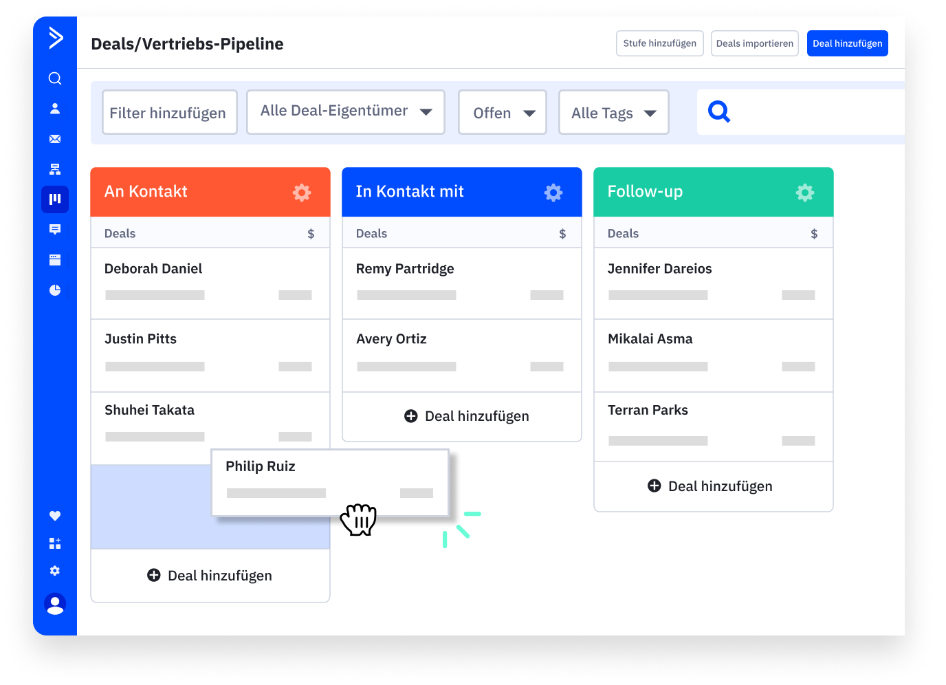 ActiveCampaign Deals CRM sales pipeline showing contact stages for tracking sales