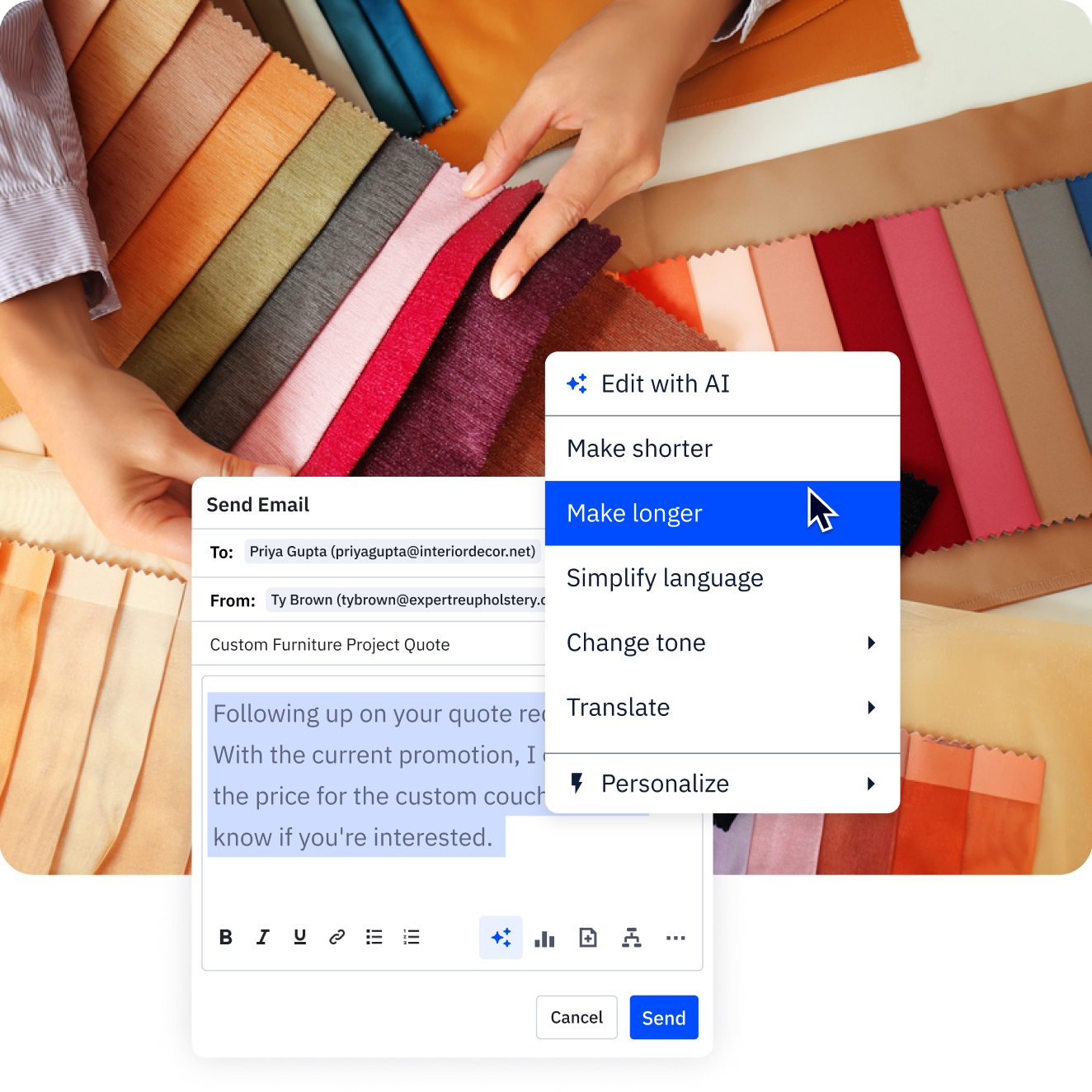 Example of user employing ActiveCampaign Generative AI to write an email. The user is hovering over the Make longer menu option.