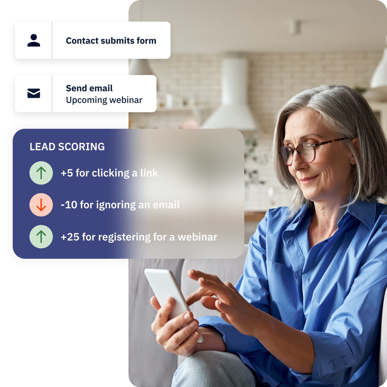 A female-presenting person in a bright modern home, checking lead score updates on their phone after a contact has completed a form.