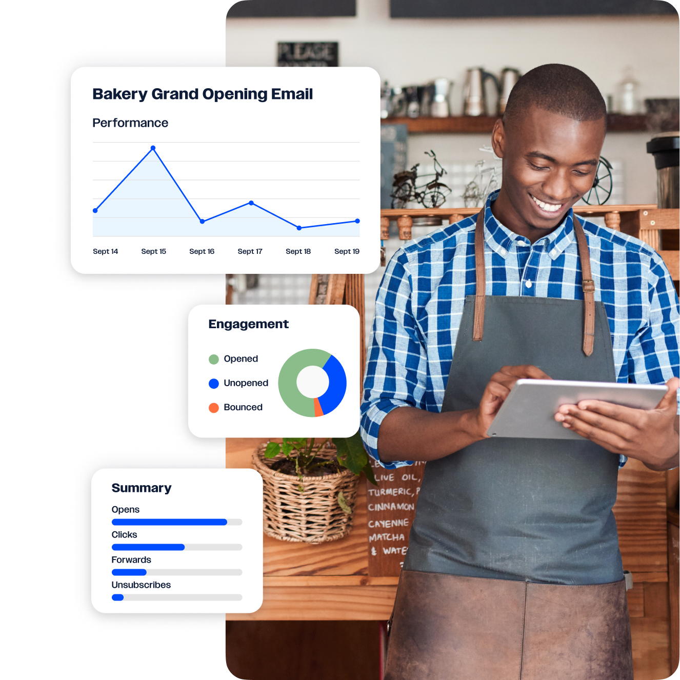 A smiling coffee shop owner checking email reports and engagement stats on an iPad.