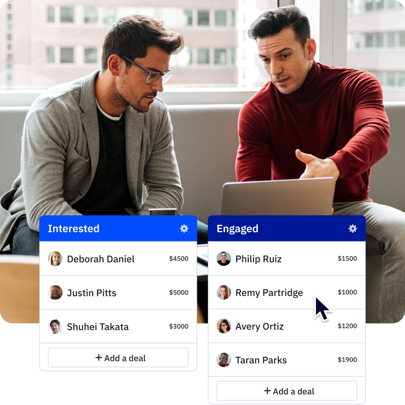 Two male-presenting professionals looking at a monitor and having a conversation. Examples of CRM steps are placed over the image.