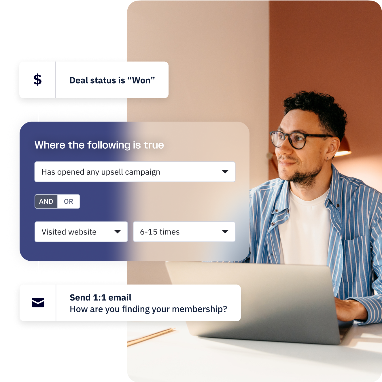 A male-presenting person using a laptop, overlaid with a marketing automation that sends an 1:1 email when a contact interacts with an upsell campaign.