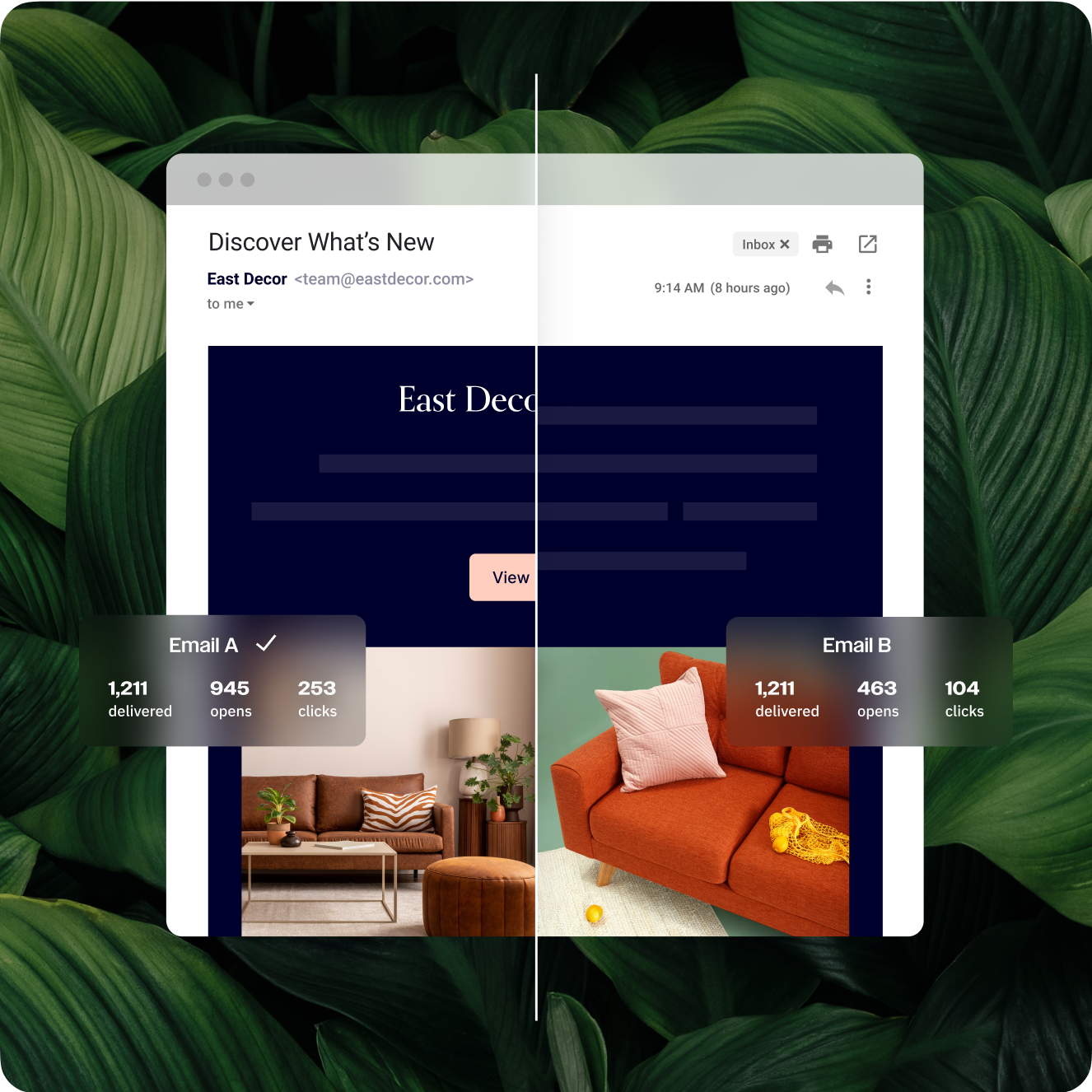 Two email alternatives shown side-by-side, representing how they are compared in ActiveCampaigns A/B and split testing features.
