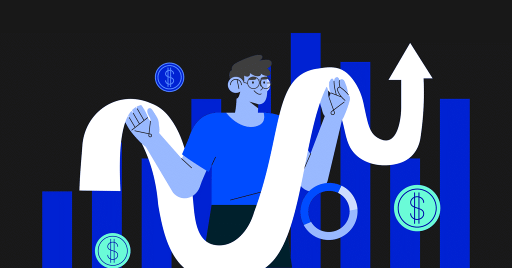 representação de pessoa com gráficos que aumentam e diminuem, fazendo referência à taxa de descadastro de emails